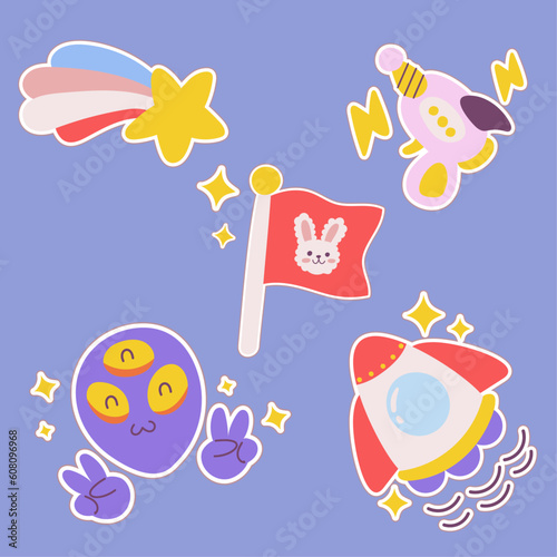 Outer space kawaii sticker set. Hand drawn cosmic cartoon collection of star, laser gun, moon flag, rocket ufo alien. Bundle of cute kid graphic for nursery print in galaxy exploration universe vector