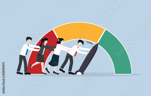 Collaboration to increase productivity, team enhancement, optimize organization efficiency concept, Colleagues helping together to push pointer of performance gauge to the best.