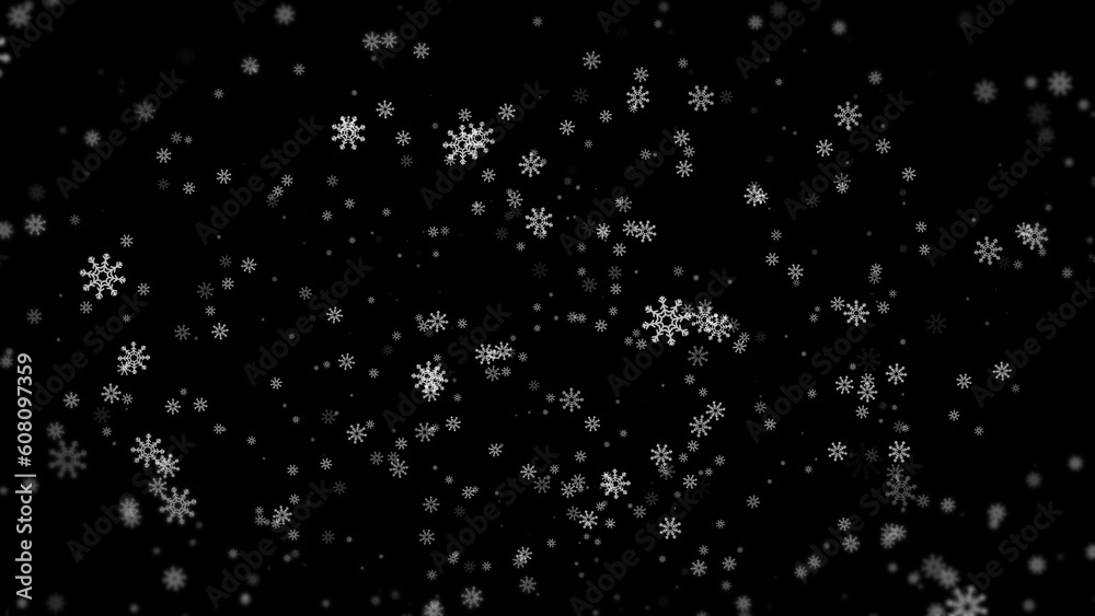 Winter snow snowflakes on black background. 