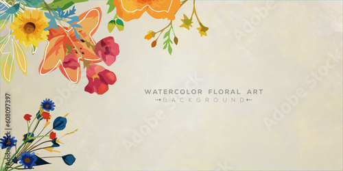 Abstract watercolor gentle flower and leaves background. Watercolor rose flower abstract art on light colors watercolor abstract vector background with green branches and leaves.