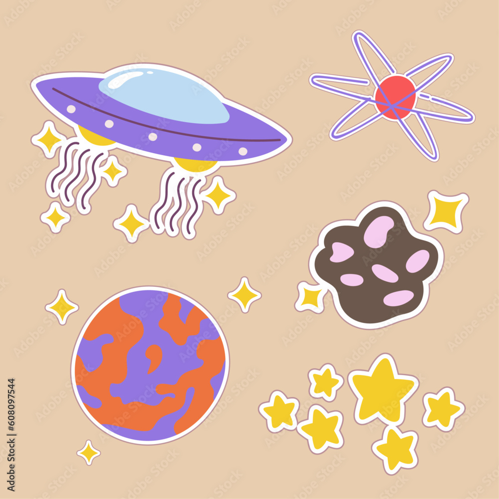 Outer space kawaii sticker set. Hand drawn cosmic cartoon collection of orbit, alien ufo, planet, star, asteroid. Bundle of cute kid graphic for nursery print in galaxy exploration universe vector Outer space kawaii sticker set. Hand drawn cosmic cartoon collection of orbit, alien ufo, planet, star, asteroid. Bundle of cute kid graphic for nursery print in galaxy exploration universe vector