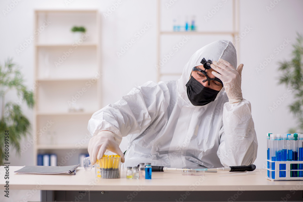 Young male chemist working at the lab during pandemic - obrazy, fototapety, plakaty 
