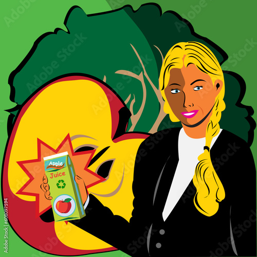 Vector illustration of a girl holding apple juice