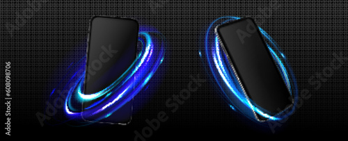 Phone with neon light glow effect. Mockup of smartphone with black screen and abstract flare trails, circle blue light isolated on transparent background, vector realistic set