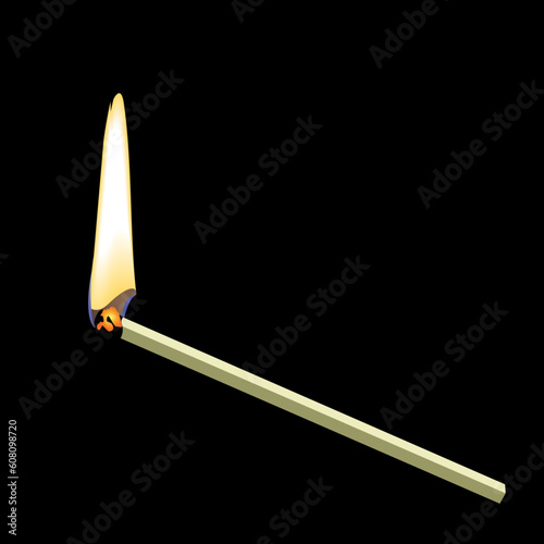 Burning matchstick on black background - vector