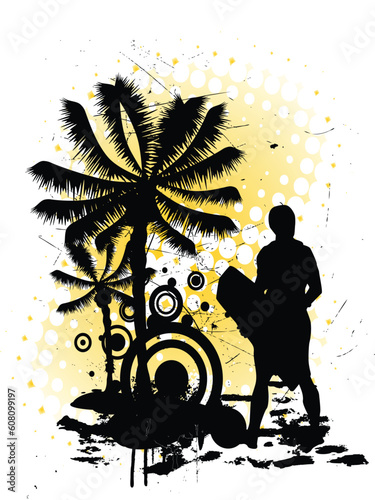 vector eps10 illustration of a surfer silhouette on an abstract summer background