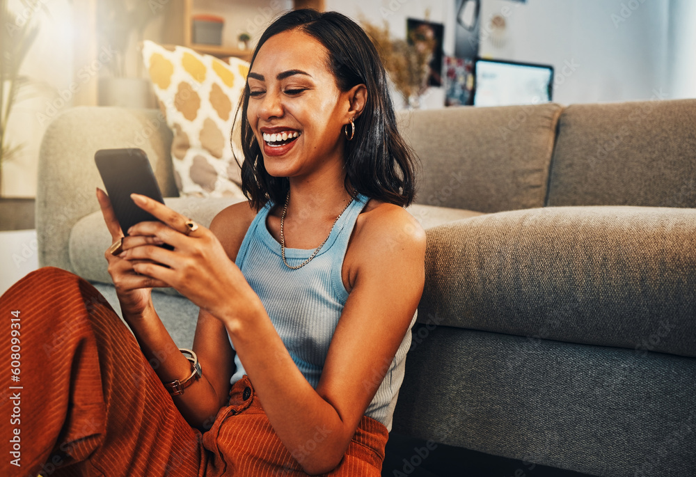 Woman laughing at chat on smartphone, social media and funny meme with communication and technology. Female person relax at home, using phone and comedy online with streaming and texting on app Woman laughing at chat on smartphone, social media and funny meme with communication and technology. Female person relax at home, using phone and comedy online with streaming and texting on app