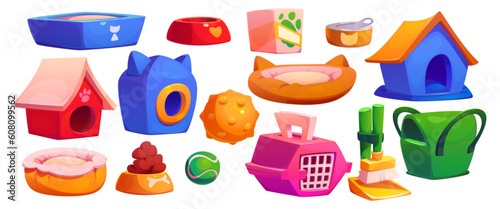 Cartoon set of pet shop goods isolated on white background. Vector illustration of cat and dog house, cage, bed, toy ball, poop container and brush, canned and dry food in bowl. Home care for animals