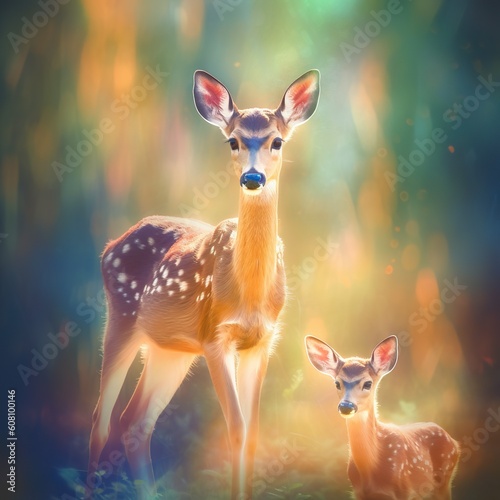 Realistic deer with baby in nature background made with generative ai technology