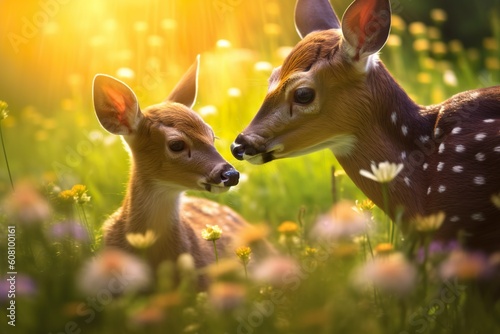 Realistic deer with baby in  nature background made with generative ai technology © smoke