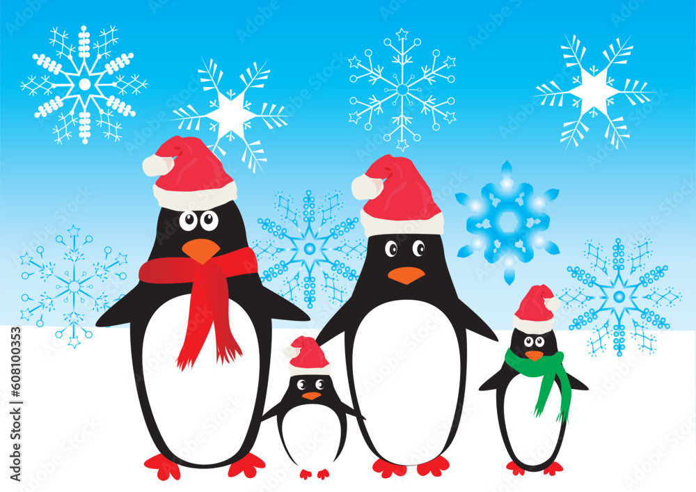Fototapeta premium vector illustration of penguins in santa hats