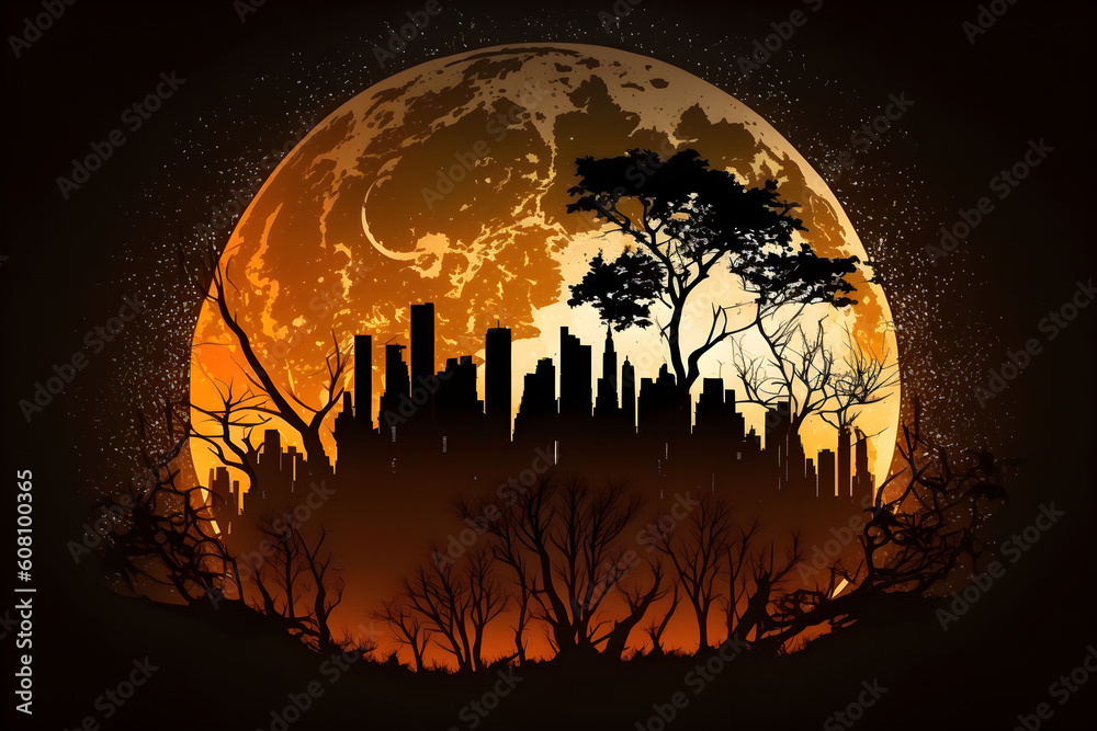 dark background with bright full moon in the sky and the silhouette of a forest and cityscape, Generative AI