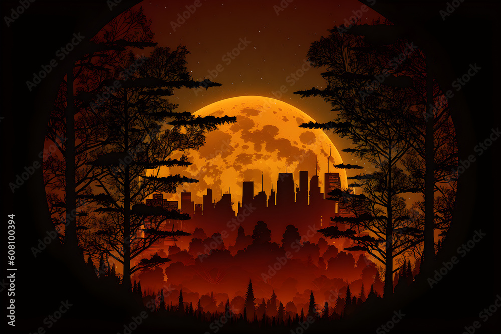 a full moon in the sky and the silhouette of a forest and cityscape in the background, Generative AI