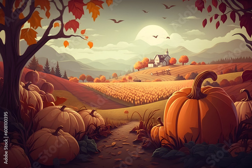 bright pumpkins lie on the ground under trees on the background of autumn landscape   Generative AI