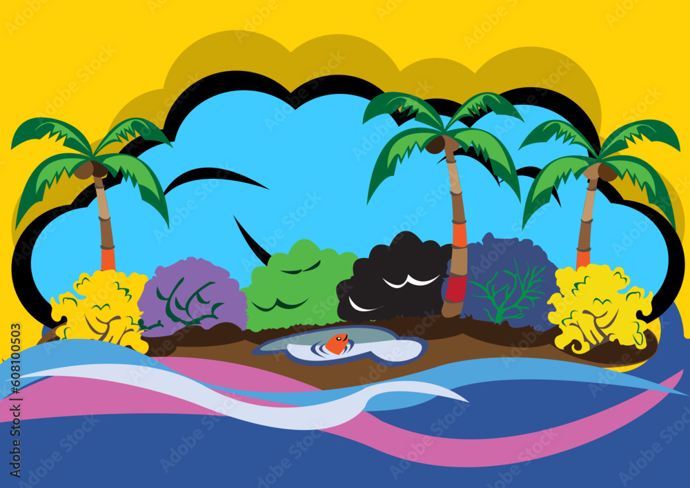Vector illustration of a beautiful lonely island in a pop-art style
