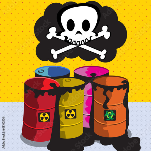 Cartoon vector illustration of toxic barrels with a skull above them photo