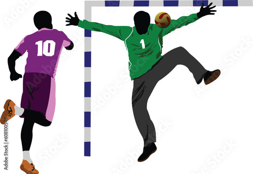 Handball players silhouette. Vector colored illustration