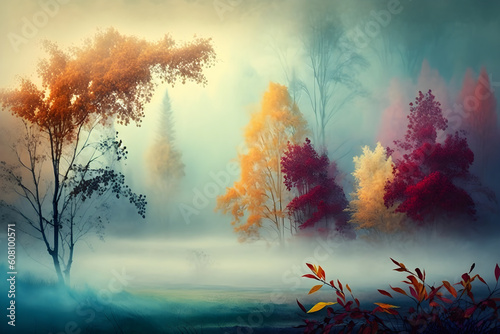 misty morning fog and silhouettes of bright colorful autumn trees in the background  Generative AI