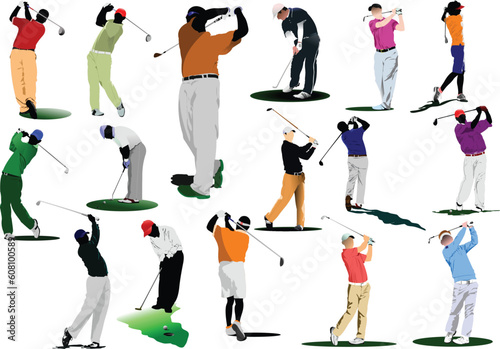 Sixteen Golfers hitting ball with iron club. Vector illustration