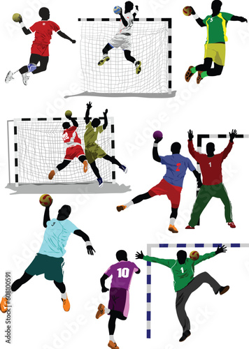 Handball players silhouette. Vector colored illustration