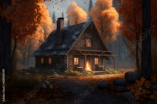 a cozy cabin with a burning door among autumn trees, Generative AI