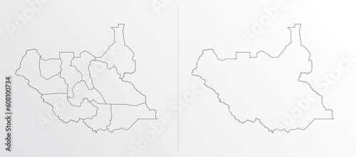 Black Outline vector Map of South Sudan with regions on white background