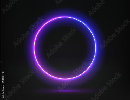 Abstract studio with glowing circle frame of neon light. 3d vector illustration