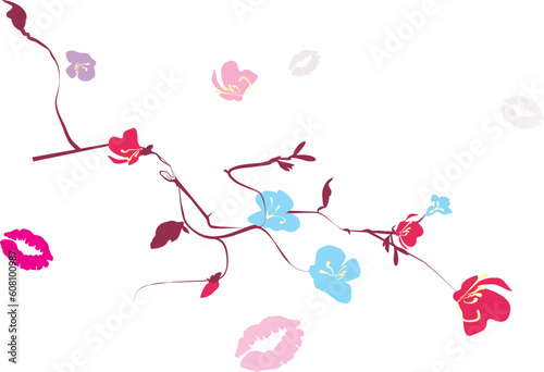 colorful flowers and branches around the traces of kisses