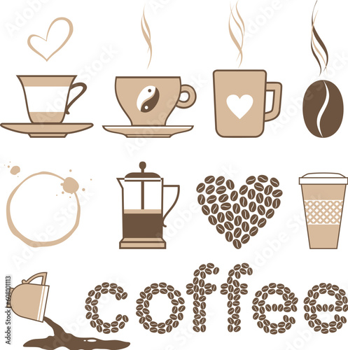 Icons set coffee and crockery for coffee
