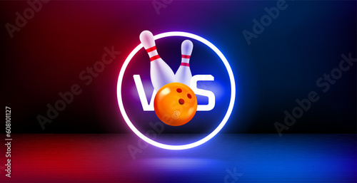 Showcase and shining neon frame and bowling battle concept. 3d vector banner with copy space
