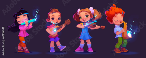 Children playing music instruments isolated on black background. Vector cartoon illustration of girls and boys with flute, violin, guitar, saxophone performing at school concert, neon notes in air