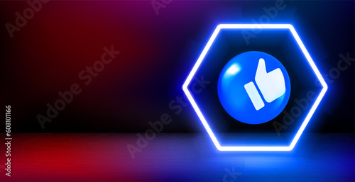 Product showcase and shining neon frame with thumbs up sign. 3d vector banner with copy space
