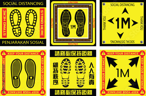 social distance covid signage icon precaution warning square floor sticker different languages vector set