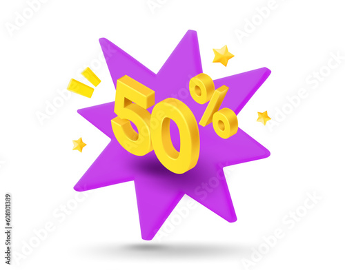 50 percent sale. Shining gold digits with flash effect. Season Discount concept. 3d vector banner