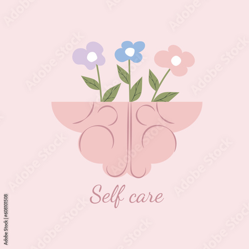 Brain with flowers and leaves. Healthy blooming human internal organ vector illustration
