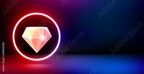 Product showcase and shining neon frame with diamond. 3d vector banner with copy space