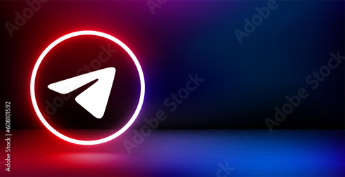Banner with shining neon frame and airplane icon. 3d vector banner with copy space