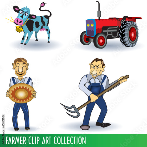 A collection of two different farmers, a cow and a tractor.