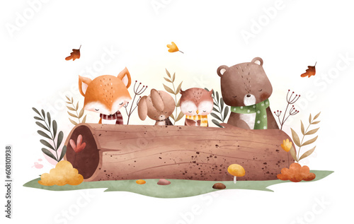 Watercolor Illustration cute animals at the garden with flowers and autumn leaves