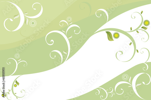 Abstract background green colour with curls and flowers