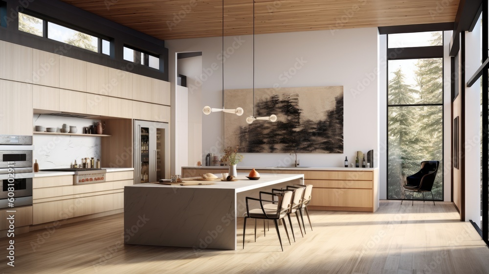 Contemporary kitchen with a sleek and spacious layout. Generative AI