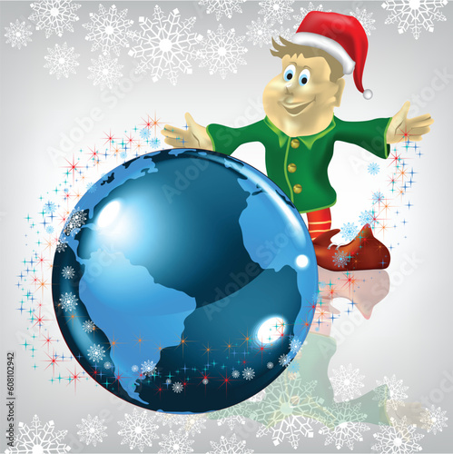 christmas greeting dwarf with globe on a white background
