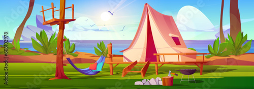 Camp tent near pond in forest vector background. Cartoon adventure illustration with tree, ax and hammock to rest, summer holiday. Grill picnic recreation in vacation expedition, sea cost with rock