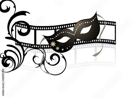 vector eps 10 illustration of a venetian mask and floral elements on a filmstripe