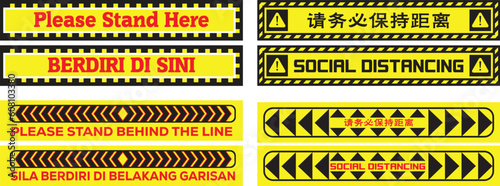 3 language social distance signage icon precaution  warning rectangle long floor sticker tape line vector set chinese malay english.