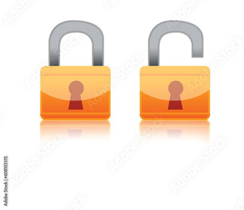 Illustration of to different locks isolated over a white background one open and one close