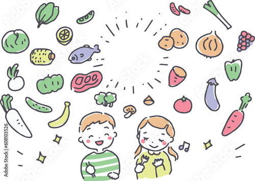 食育　栄養バランス野菜を食べる子供たち