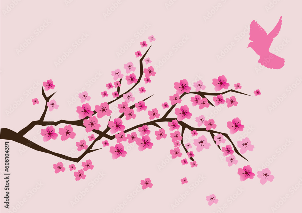 vector illustration of cherry blossom with pink dove