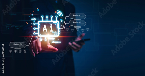 Businessman touching hologram Ai Chat system virtual icon  intelligence Ai, Chat with AI Artificial Intelligence, Futuristic technology, robot in online system.