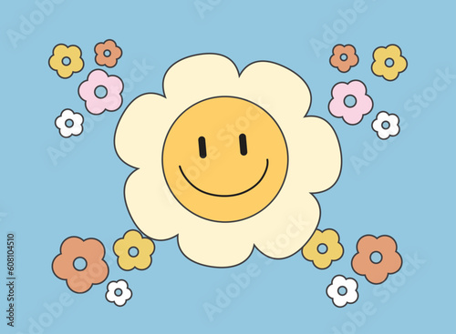 Groovy seamless patterns with funny happy daisy backgrounds in trendy retro trippy y2k style.	
